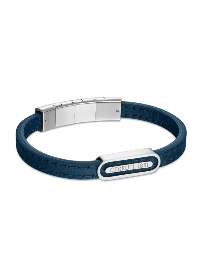 شيروتي 1881 Ettore Navy Flat Leather and Stainless Steel Center Motif Bracelet for Men