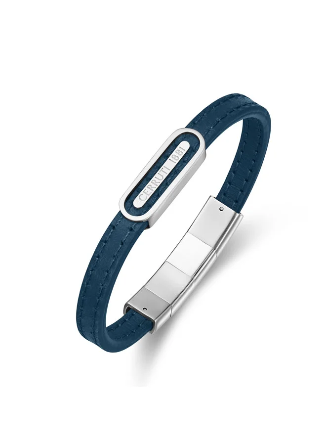 شيروتي 1881 Ettore Navy Flat Leather and Stainless Steel Center Motif Bracelet for Men
