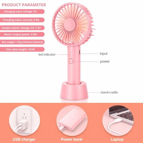 One94Store Mini Portable USB Hand Fan, Usb Fan Portable High Speed Built-in Rechargeable Battery Operated Summer Cooling Table Fan with Stand For Home Office Indoor Outdoor Travel (Pink Color) - Image 4