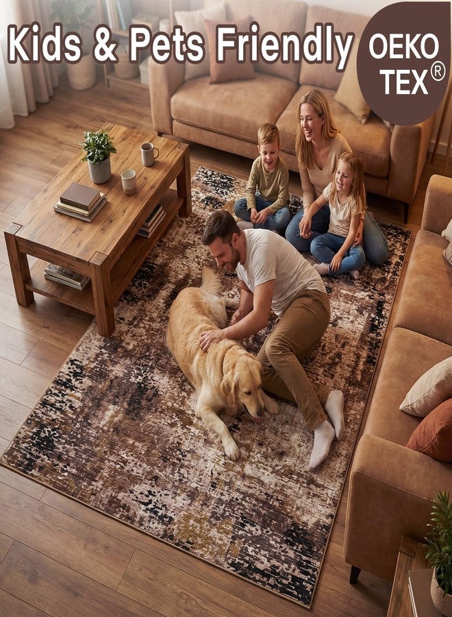 Merelax 5x7 Brown Red Living Room Area Rug, Large Washable Rugs for Bedroom Dining Room, Soft Boho Abstract Area Rugs, Modern Non Slip Low Pile Carpet for Office Study Kids Room - Image 3