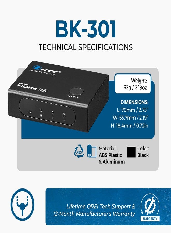 OREI 4K@120hz 3x1 HDMI Switch 8K by OREI - Remote Control HDMI Selector 48Gbps High Resolution Switch Between 3 Inputs Prefect for Gaming, PS5, Xbox, HDR10, Dolby Vision (BK-301) - Image 5
