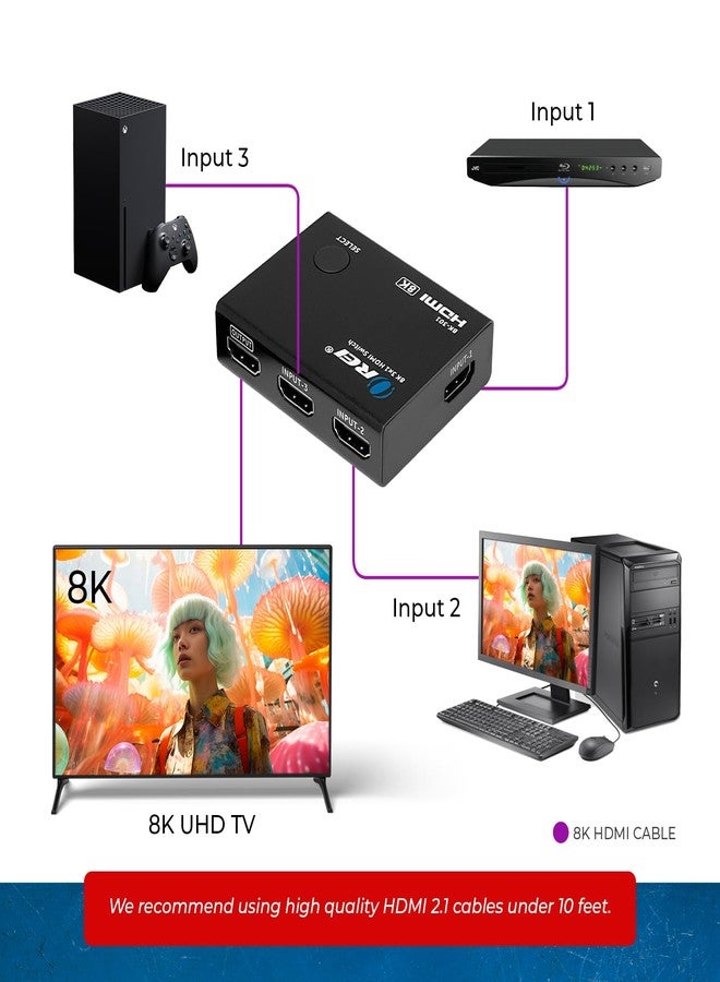 OREI 4K@120hz 3x1 HDMI Switch 8K by OREI - Remote Control HDMI Selector 48Gbps High Resolution Switch Between 3 Inputs Prefect for Gaming, PS5, Xbox, HDR10, Dolby Vision (BK-301) - Image 3