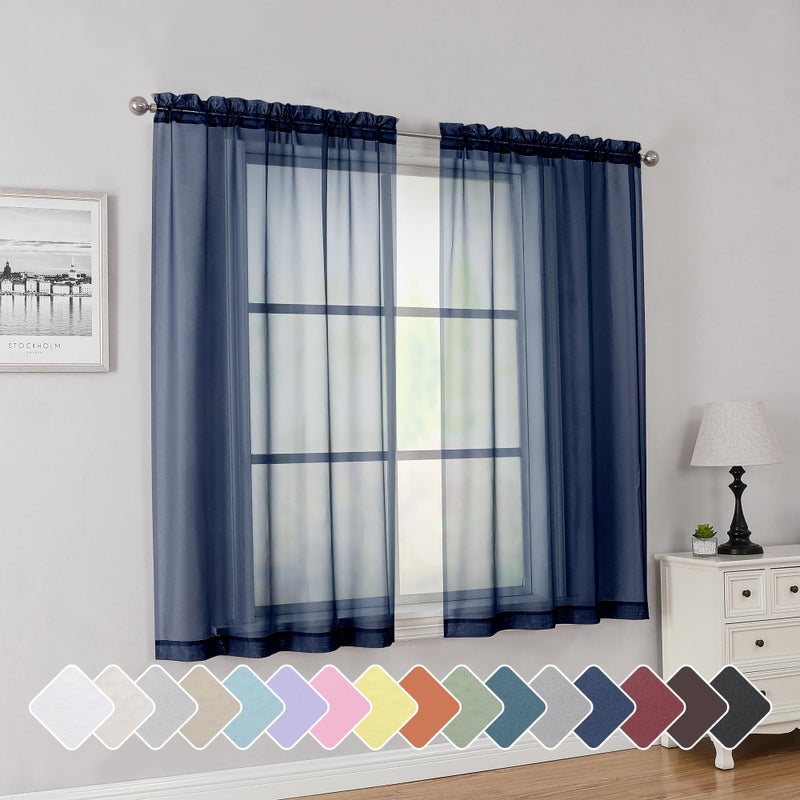 Simplebrand Navy Short Sheer Curtains 45 Inch Length for Small Windows Rod Pocket 2 Panels Set Solid Voile Drapes Window Sheer Curtains for Bedroom Bathroom Kids Room Kitchen 42x45 Inch Navy
