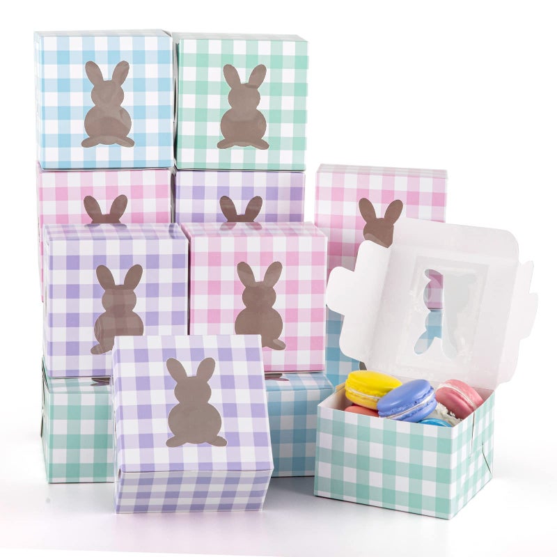 Whaline 24Pcs Easter Treat Boxes with Bunny Window Candy Color Plaids Cupcake Cardboard Cookie Box Colorful Easter Rabbit Goodie Treat Gift Boxe Container for Spring Holiday Party 4 x 4 x 26 Inch