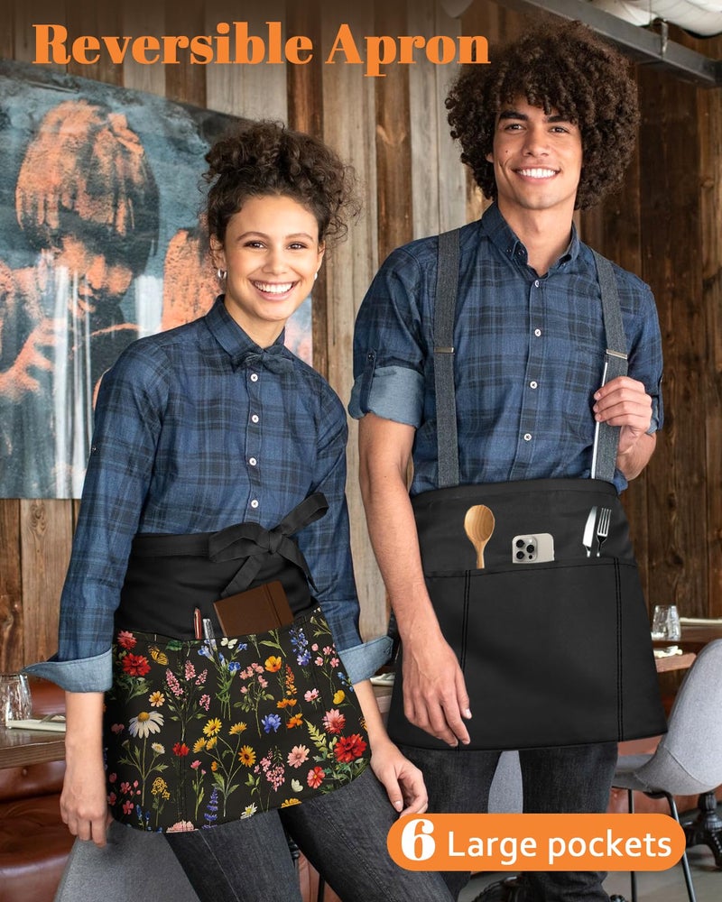 Slohif Reversible Server Apron 6 Pockets - Flower Waist Apron for Waitress Women Half Serving Short Apron for Waiter Bistro Bar Restaurant Kitchen Accessories - Image 3