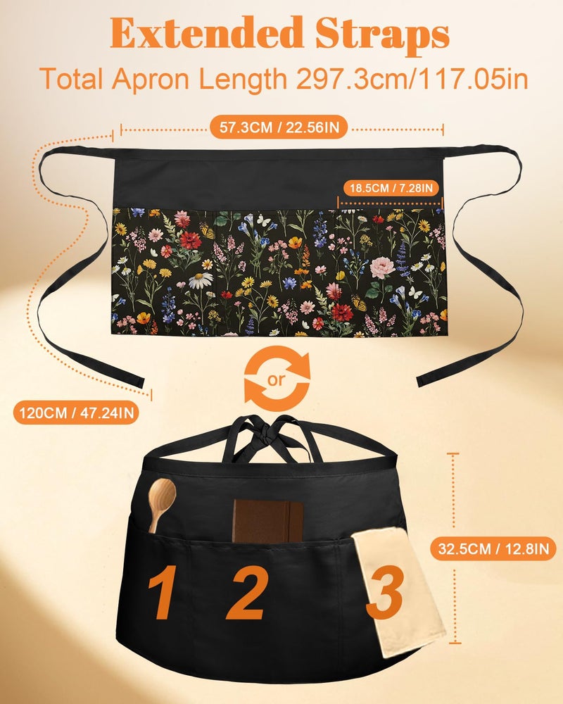 Slohif Reversible Server Apron 6 Pockets - Flower Waist Apron for Waitress Women Half Serving Short Apron for Waiter Bistro Bar Restaurant Kitchen Accessories - Image 2