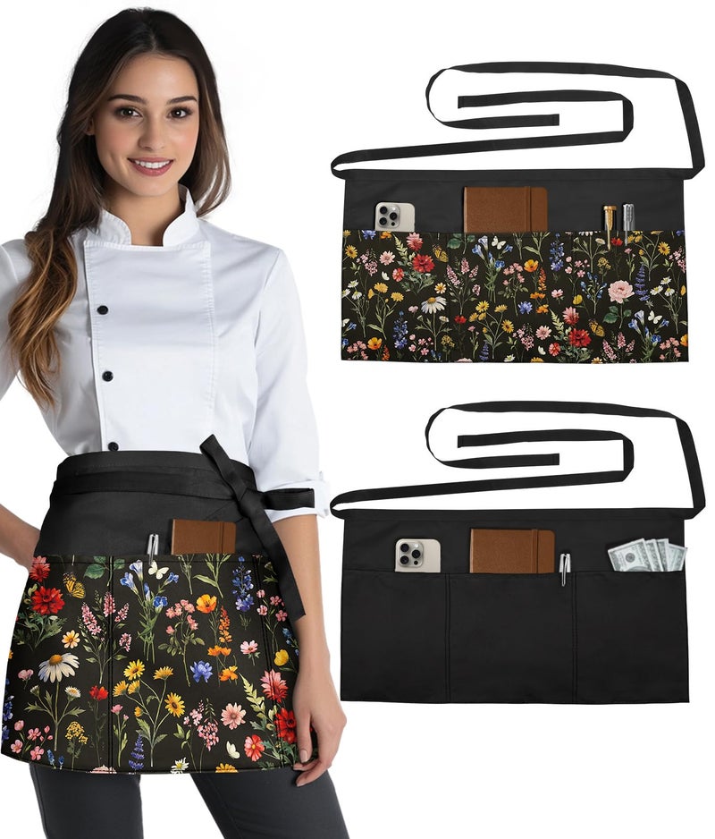 Slohif Reversible Server Apron 6 Pockets - Flower Waist Apron for Waitress Women Half Serving Short Apron for Waiter Bistro Bar Restaurant Kitchen Accessories - Image 1