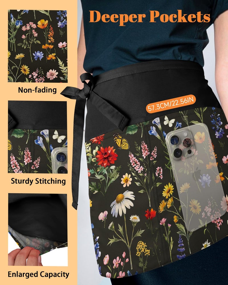 Slohif Reversible Server Apron 6 Pockets - Flower Waist Apron for Waitress Women Half Serving Short Apron for Waiter Bistro Bar Restaurant Kitchen Accessories - Image 5