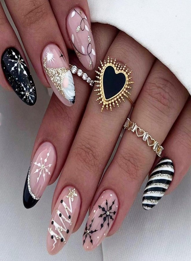 ASABITE 24Pcs Christmas Press on Nails Almond Medium Fake Nails Pink Black Full Cover False Nails with Snowflake Tree Stripes Design Xmas Glue on Nail Christmas Snowflake Stick on Nails for Women - Image 1