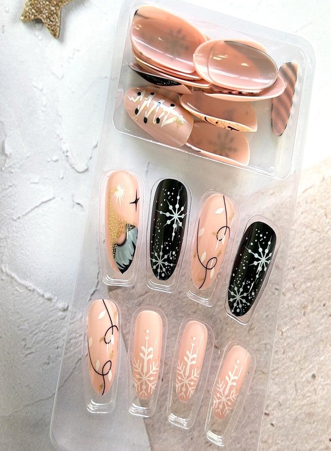 ASABITE 24Pcs Christmas Press on Nails Almond Medium Fake Nails Pink Black Full Cover False Nails with Snowflake Tree Stripes Design Xmas Glue on Nail Christmas Snowflake Stick on Nails for Women - Image 5