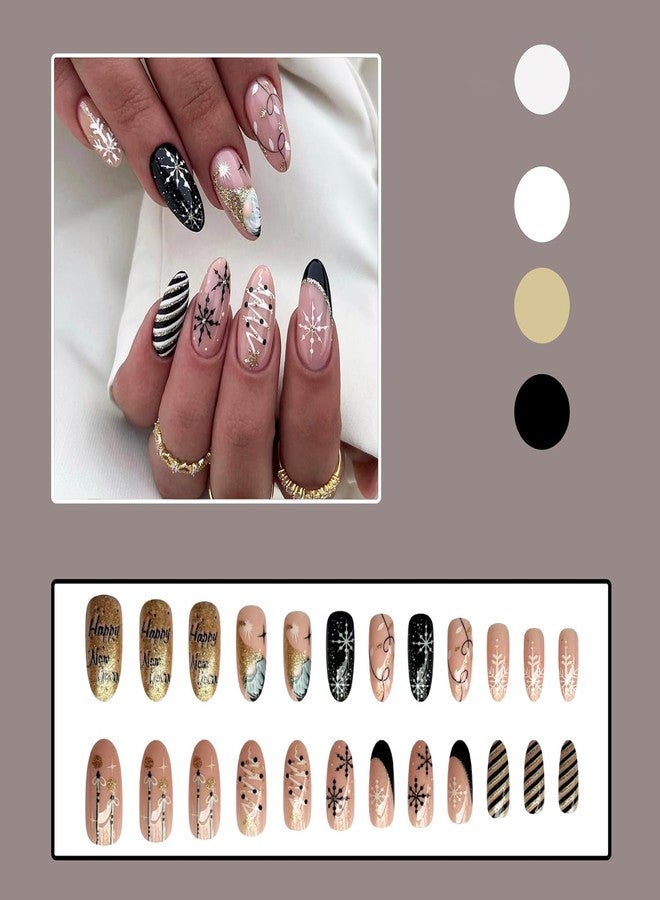 ASABITE 24Pcs Christmas Press on Nails Almond Medium Fake Nails Pink Black Full Cover False Nails with Snowflake Tree Stripes Design Xmas Glue on Nail Christmas Snowflake Stick on Nails for Women - Image 3