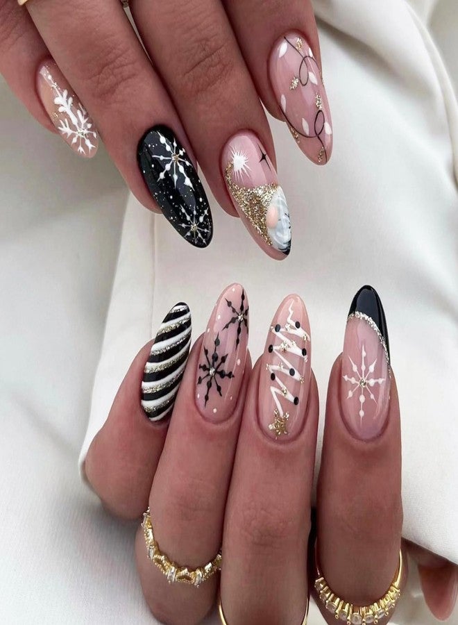 ASABITE 24Pcs Christmas Press on Nails Almond Medium Fake Nails Pink Black Full Cover False Nails with Snowflake Tree Stripes Design Xmas Glue on Nail Christmas Snowflake Stick on Nails for Women - Image 2