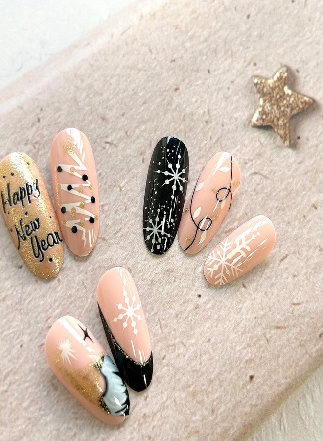 ASABITE 24Pcs Christmas Press on Nails Almond Medium Fake Nails Pink Black Full Cover False Nails with Snowflake Tree Stripes Design Xmas Glue on Nail Christmas Snowflake Stick on Nails for Women - Image 4