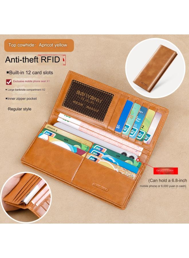 banyanu Wallet Men's Long Genuine Leather Ultra-Thin Anti-Theft Brush Leather Wallet with Zipper Cowhide Wallet Apricot Yellow - Regular Version (Anti-Theft Brush) - Image 1