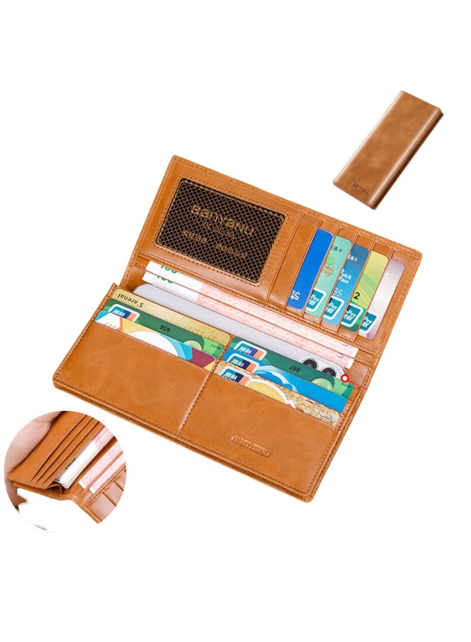 banyanu Wallet Men's Long Genuine Leather Ultra-Thin Anti-Theft Brush Leather Wallet with Zipper Cowhide Wallet Apricot Yellow - Regular Version (Anti-Theft Brush) - Image 2