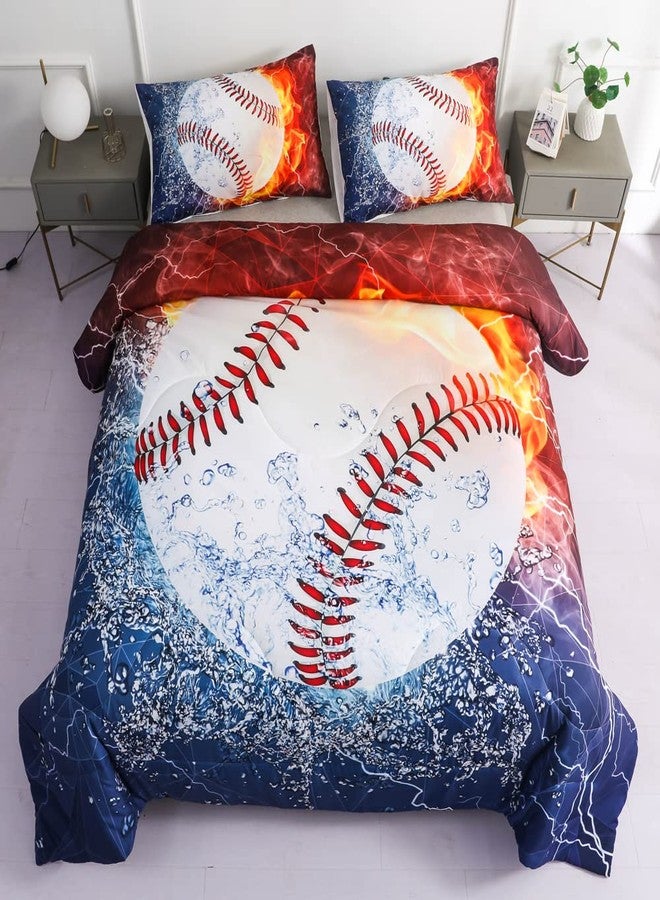 Roscloud Sports Baseball Comforter Sets Queen Full Size Bed Set- 3PC Ice Flame Galaxy Baseball Boys Quilt Bedspread Bedding Set（Comforter x 1 Pillowcases x 2） - Image 1