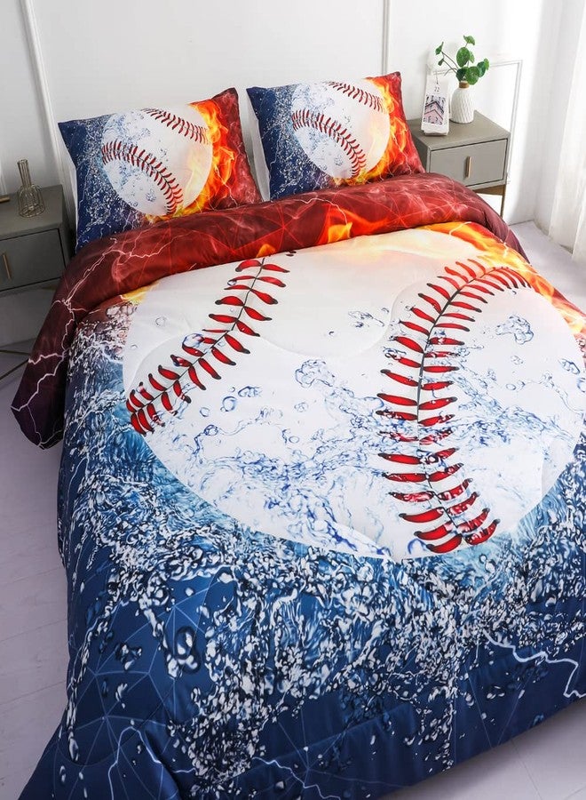 Roscloud Sports Baseball Comforter Sets Queen Full Size Bed Set- 3PC Ice Flame Galaxy Baseball Boys Quilt Bedspread Bedding Set（Comforter x 1 Pillowcases x 2） - Image 3