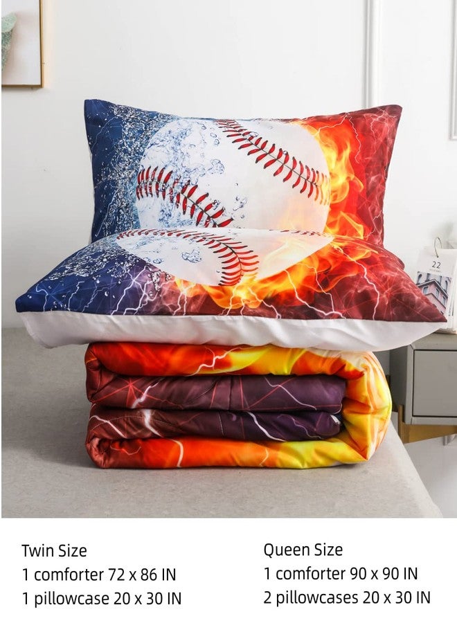 Roscloud Sports Baseball Comforter Sets Queen Full Size Bed Set- 3PC Ice Flame Galaxy Baseball Boys Quilt Bedspread Bedding Set（Comforter x 1 Pillowcases x 2） - Image 2