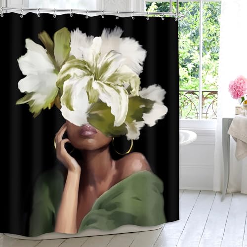 MESHELLY Vintage Black Girl Shower Curtain 60Wx72H Green Floral African American Bathroom Curtain White Flower Black Woman Bath Curtain Afro Sexy Lady Bathroom Accessories Decor Fabric with 12 Hooks - Image 2