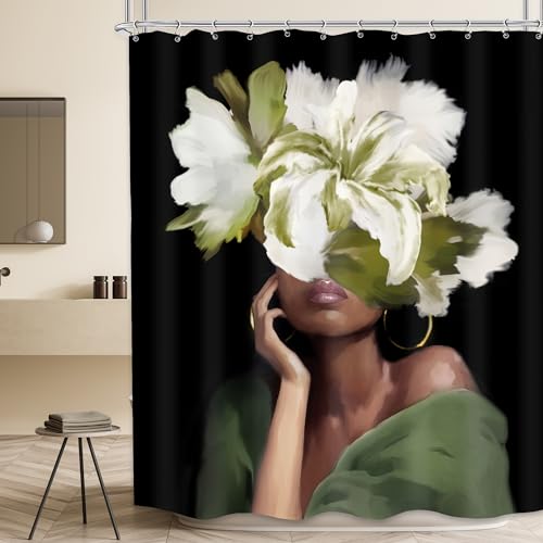 MESHELLY Vintage Black Girl Shower Curtain 60Wx72H Green Floral African American Bathroom Curtain White Flower Black Woman Bath Curtain Afro Sexy Lady Bathroom Accessories Decor Fabric with 12 Hooks - Image 1