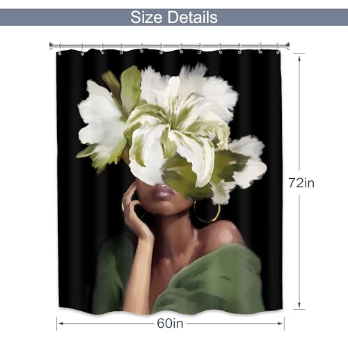 MESHELLY Vintage Black Girl Shower Curtain 60Wx72H Green Floral African American Bathroom Curtain White Flower Black Woman Bath Curtain Afro Sexy Lady Bathroom Accessories Decor Fabric with 12 Hooks - Image 3