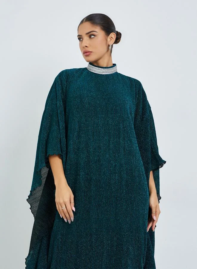 Amirah Green Shimmer Plisse Kaftan with Crystal Collar