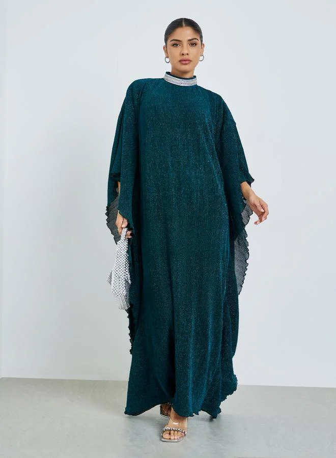 Green Shimmer Plisse Kaftan with Crystal Collar