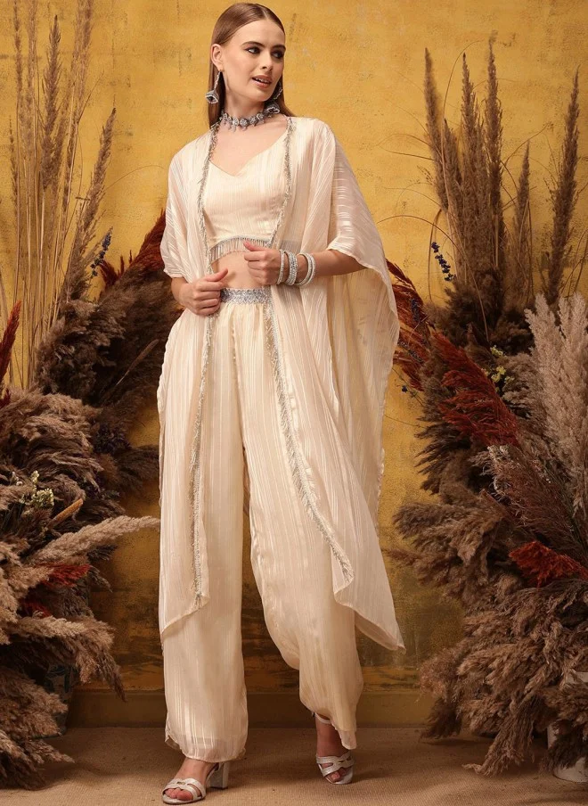 Indo Street Peach Striped Top & Palazzo Set With Shrug For Women