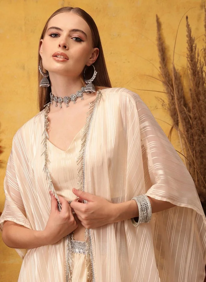 Indo Street Peach Striped Top & Palazzo Set With Shrug For Women