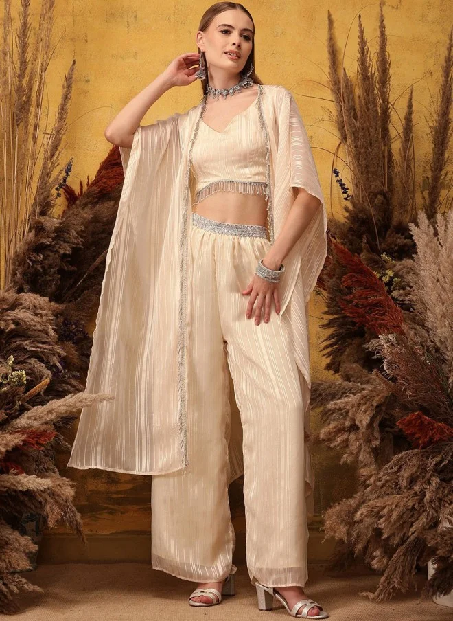 Indo Street Peach Striped Top & Palazzo Set With Shrug For Women