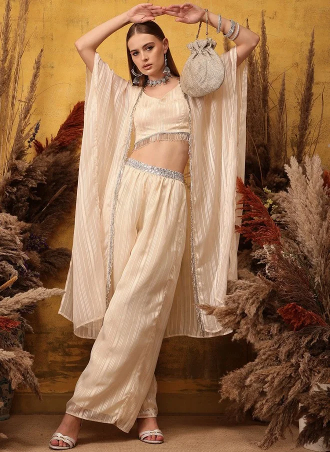 Indo Street Peach Striped Top & Palazzo Set With Shrug For Women