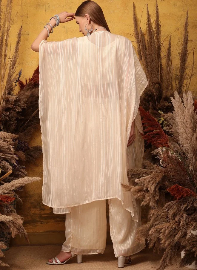 Indo Street Peach Striped Top & Palazzo Set With Shrug For Women