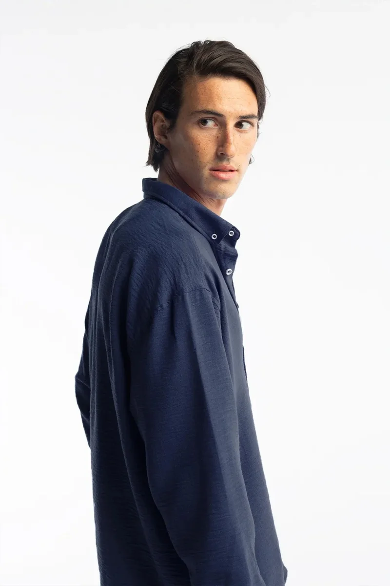 Giesto Navy Blue GIESTO Oversized Button-Up Long Sleeve Shirt for Men | Best Price UAE