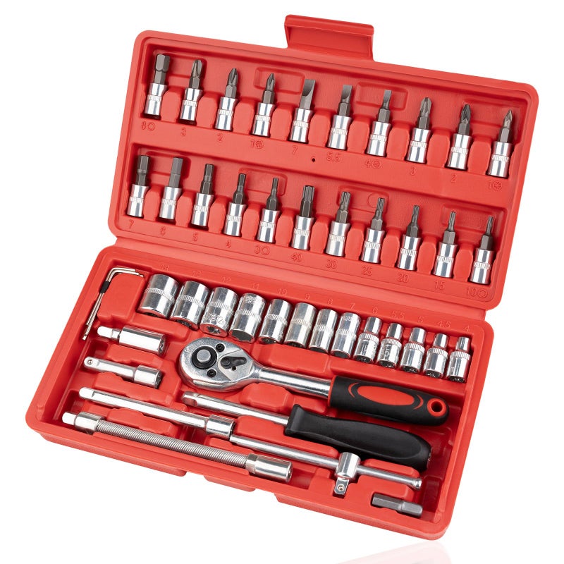 Beaiguna 46PCS Small Drive Socket Ratchet Wrench Screwdriver Set 14 Inch Metric Socket and Ratchet Wrench Set with Extension Bar Upgrade Compact Tool Set for Car