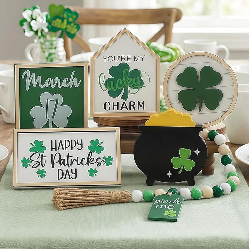 Huatsing St. Patrickâ€™s Day Wooden Shamrock Tabletop Decor â€“ Rustic Lucky Clover Sign for Home, Office Desk, Shelf & Holiday Party Decorations - Image 1
