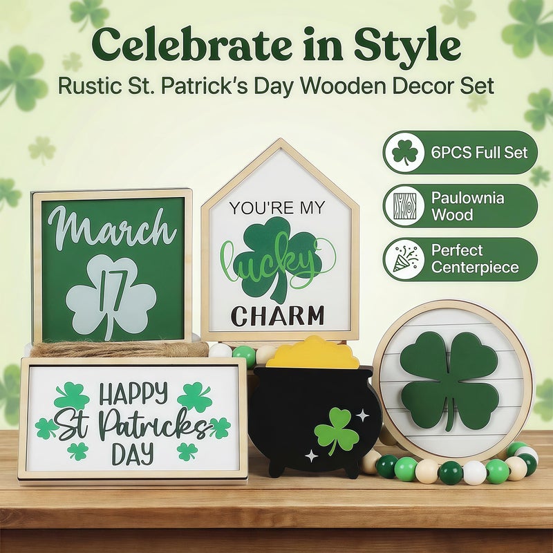Huatsing St. Patrickâ€™s Day Wooden Shamrock Tabletop Decor â€“ Rustic Lucky Clover Sign for Home, Office Desk, Shelf & Holiday Party Decorations - Image 4