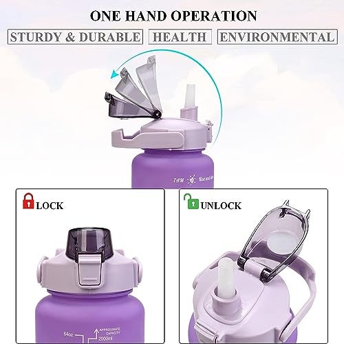 US1984 2000ml Sports Gallon Motivational Water Bottles with Time Marker GYM Fitness Water Bottle with Straw & Handle, Water Bottle Leak proof BPA Free Plastic (2 Litre Purple) - Image 2