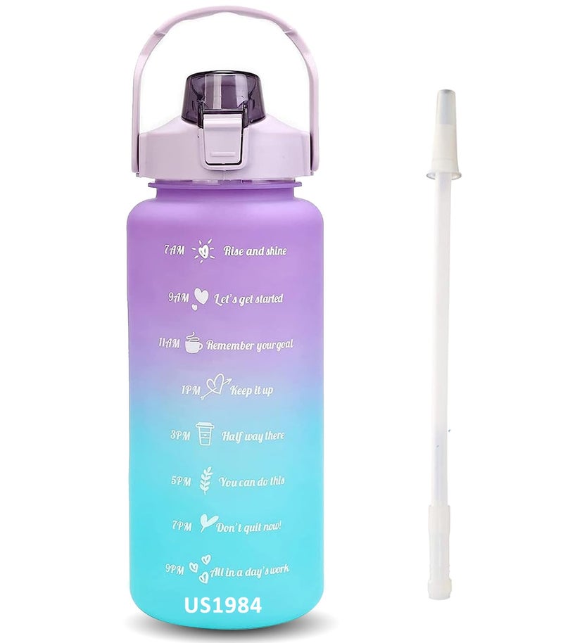 US1984 2000ml Sports Gallon Motivational Water Bottles with Time Marker GYM Fitness Water Bottle with Straw & Handle, Water Bottle Leak proof BPA Free Plastic (2 Litre Purple) - Image 1