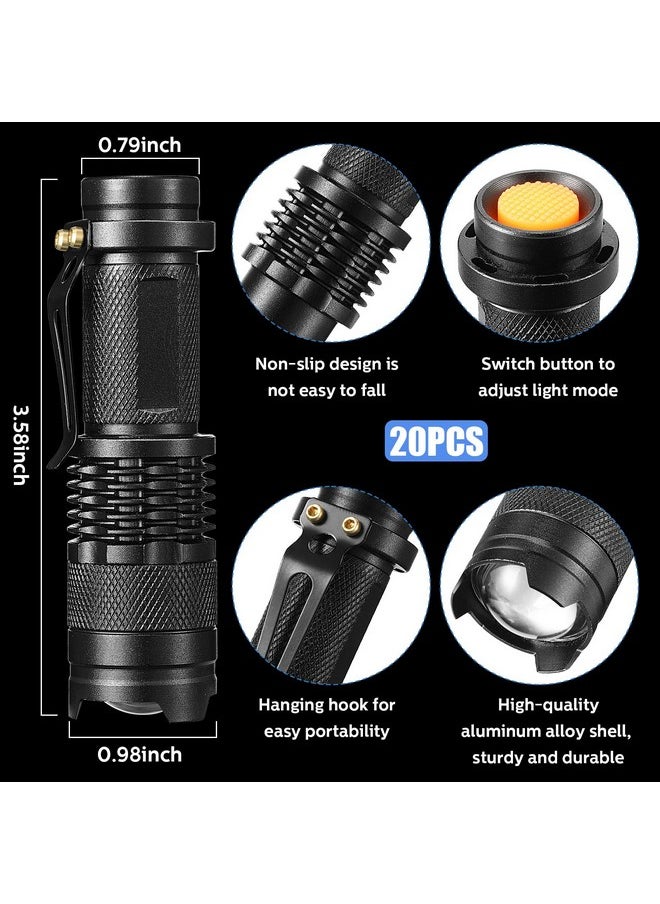 Fumete Fumete 20 Pieces LED Flashlight Mini 3 Mode Tactical Torch Small Water Resistant Pocket Flash Light Adjustable Focus Light Pen for Men, Father, Indoor Outdoor Hiking(Black)  - Image 1