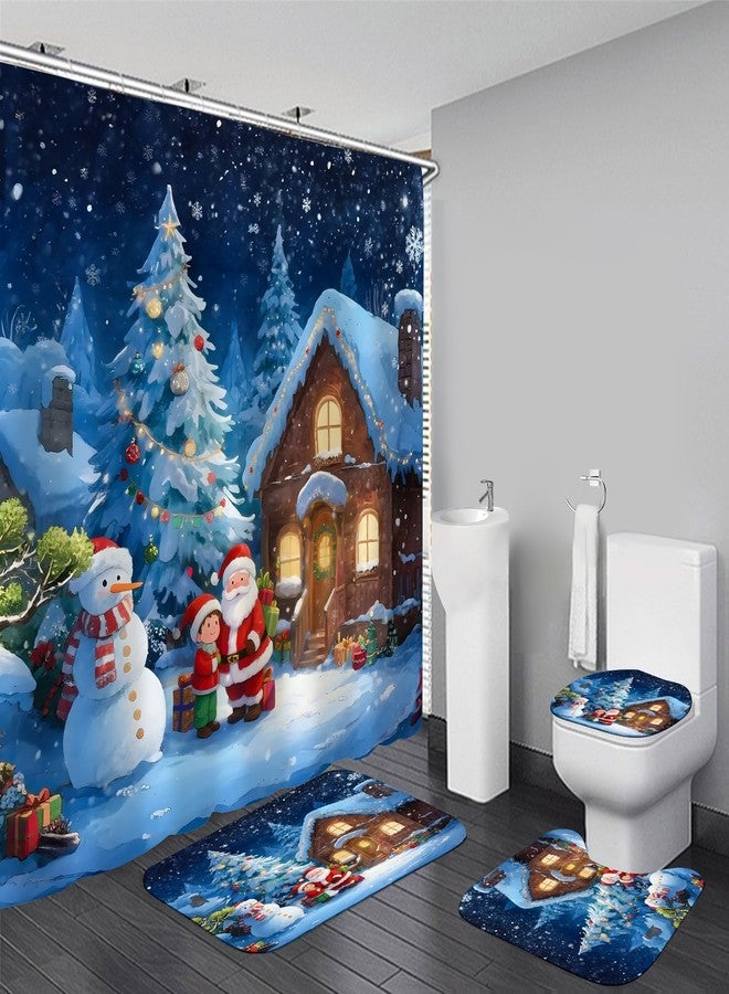 AZHM Christmas Shower Curtain Sets with Rugs Snowy Night Cottage and Christmas Tree Bathroom Sets 4PCS Santa Claus and Snowman Decor for Bathroom - Image 1