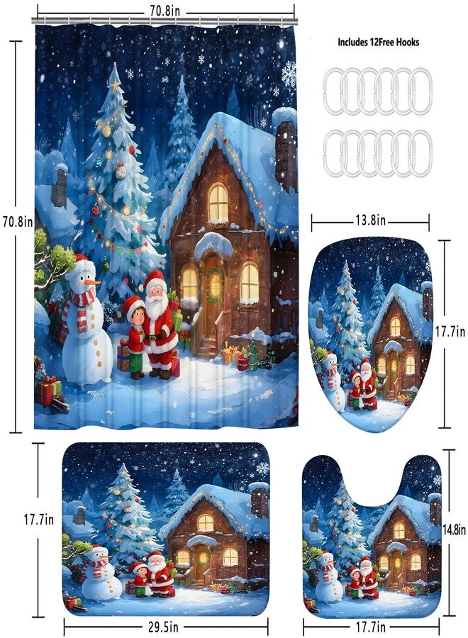 AZHM Christmas Shower Curtain Sets with Rugs Snowy Night Cottage and Christmas Tree Bathroom Sets 4PCS Santa Claus and Snowman Decor for Bathroom - Image 4