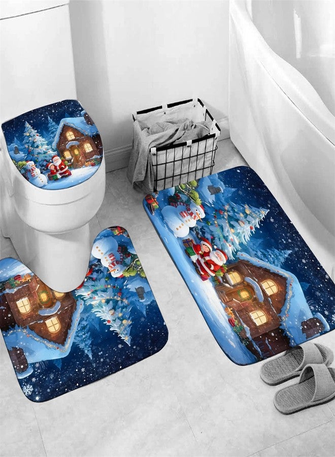 AZHM Christmas Shower Curtain Sets with Rugs Snowy Night Cottage and Christmas Tree Bathroom Sets 4PCS Santa Claus and Snowman Decor for Bathroom - Image 3