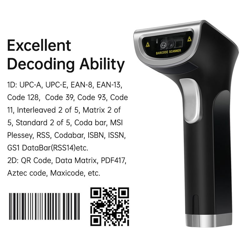 ماسح ضوئي لرمز الشريط الثنائي QR اللاسلكي / المحمول / الموصّل عبر USB يدعم القراءة من الورق والشاشة، متوافق مع ويندوز وأندرويد وماك، مع وضع التشغيل اليدوي / المستمر / الاستحاث التلقائي لمسح الرموز - مناسب للمحلات السوبر ماركت - Image 5