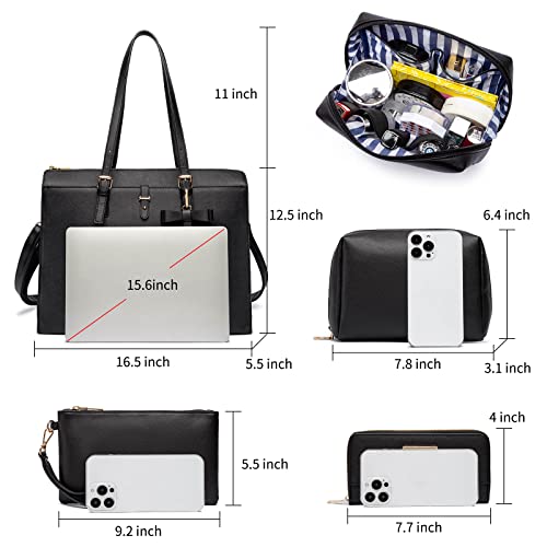 Keyli Laptop Tote Bag for Women Waterproof Leather Work Laptop Briefcase with Built-in USB Charging Port Computer Shoulder Bags Fits 15.6 Inch, Business Handbag Purse 4pcs Set Black - Image 3