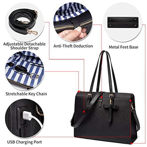 Keyli Laptop Tote Bag for Women Waterproof Leather Work Laptop Briefcase with Built-in USB Charging Port Computer Shoulder Bags Fits 15.6 Inch, Business Handbag Purse 4pcs Set Black - Image 4
