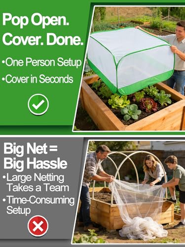 MADHOLLY Pop Up Garden Netting for Square Raised Beds - 3.3'L x 3.3'W x 1.65'H Ultra Fine Mesh Net Plant Cover with 8 Stakes, Protection for Vegetables Fruit from Birds Pests - Image 2