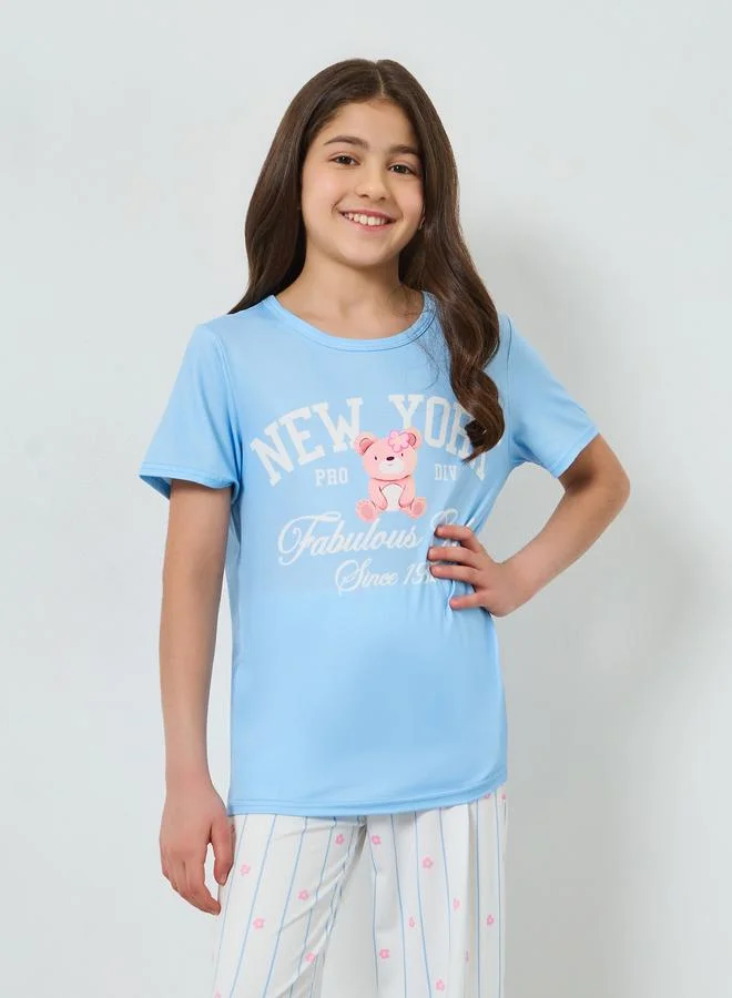Styli Girls Graphic Print T-Shirt and Pyjama Set