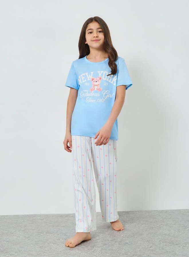 Styli Girls Graphic Print T-Shirt and Pyjama Set