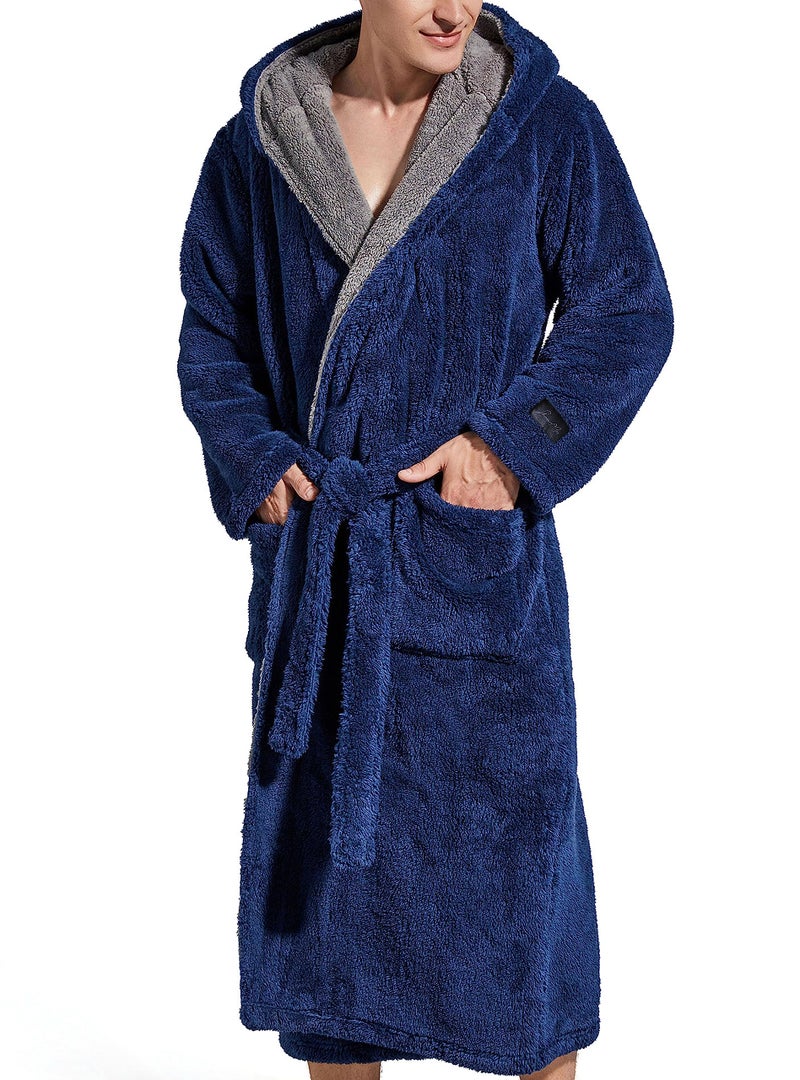 SlumberMee Mens Fleece Plush Robe with Hood Ultra Soft Fluffy Full Length Long with Pockets Luxurious House Coat Navy Blue XL