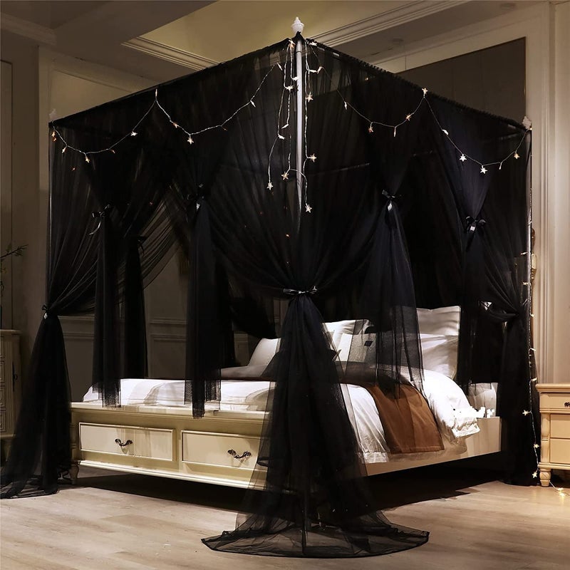 4 Corners Post Canopy Bed Curtain for Childrens & Adults, Princess Bedroom Decoration, Royal Luxurious Cozy Netting, Cute Princess Bedroom (Black) - Image 1